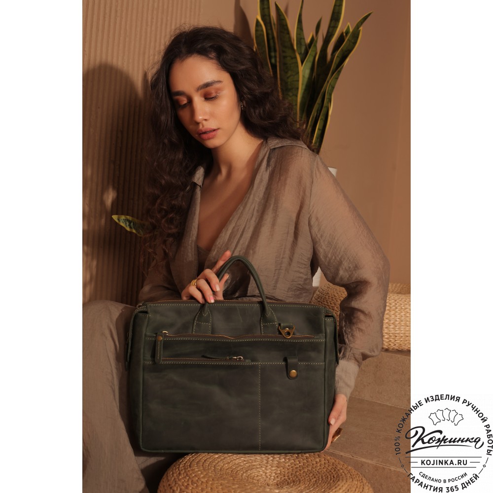 Кожаная деловая сумка "Гранд" (изумруд крейзи)